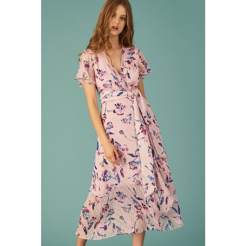Tanya Taylor Blaire Wrap Silk & Cotton Blend Floral Midi Dress Pink Size 6